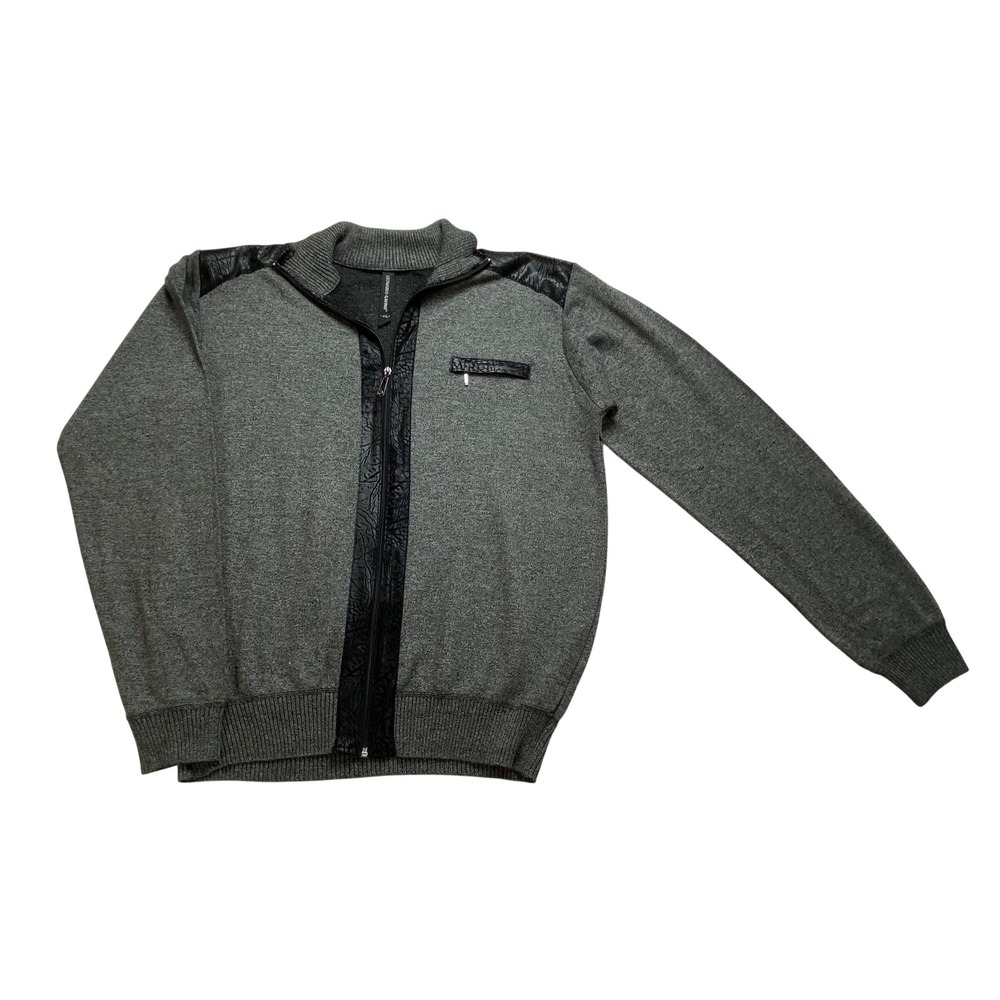Leonardo Gavino Mens XXL Full Zip Sweater Gray Knit Faux Leather Trim Mock Neck